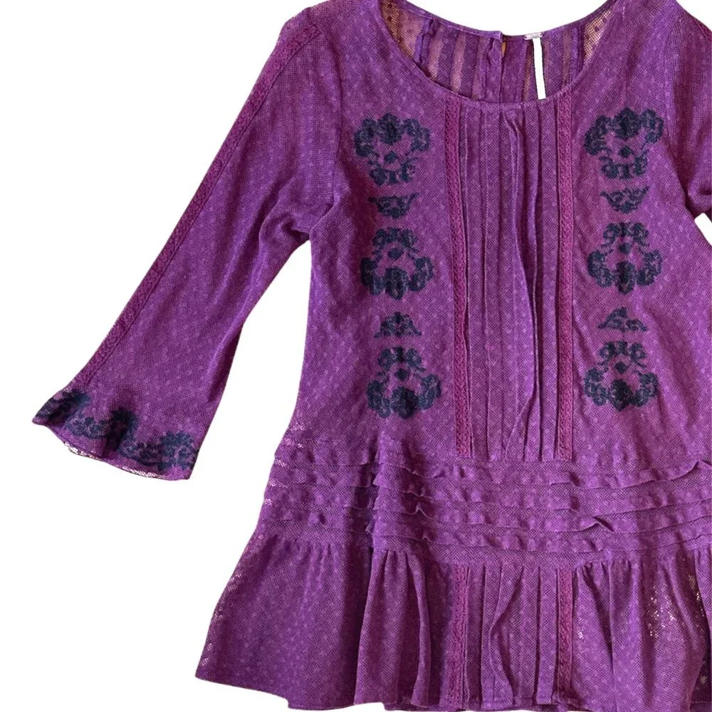 Free People jocelyn burgundy swiss dot lace mesh long sleeve top - Picture 7 of 11